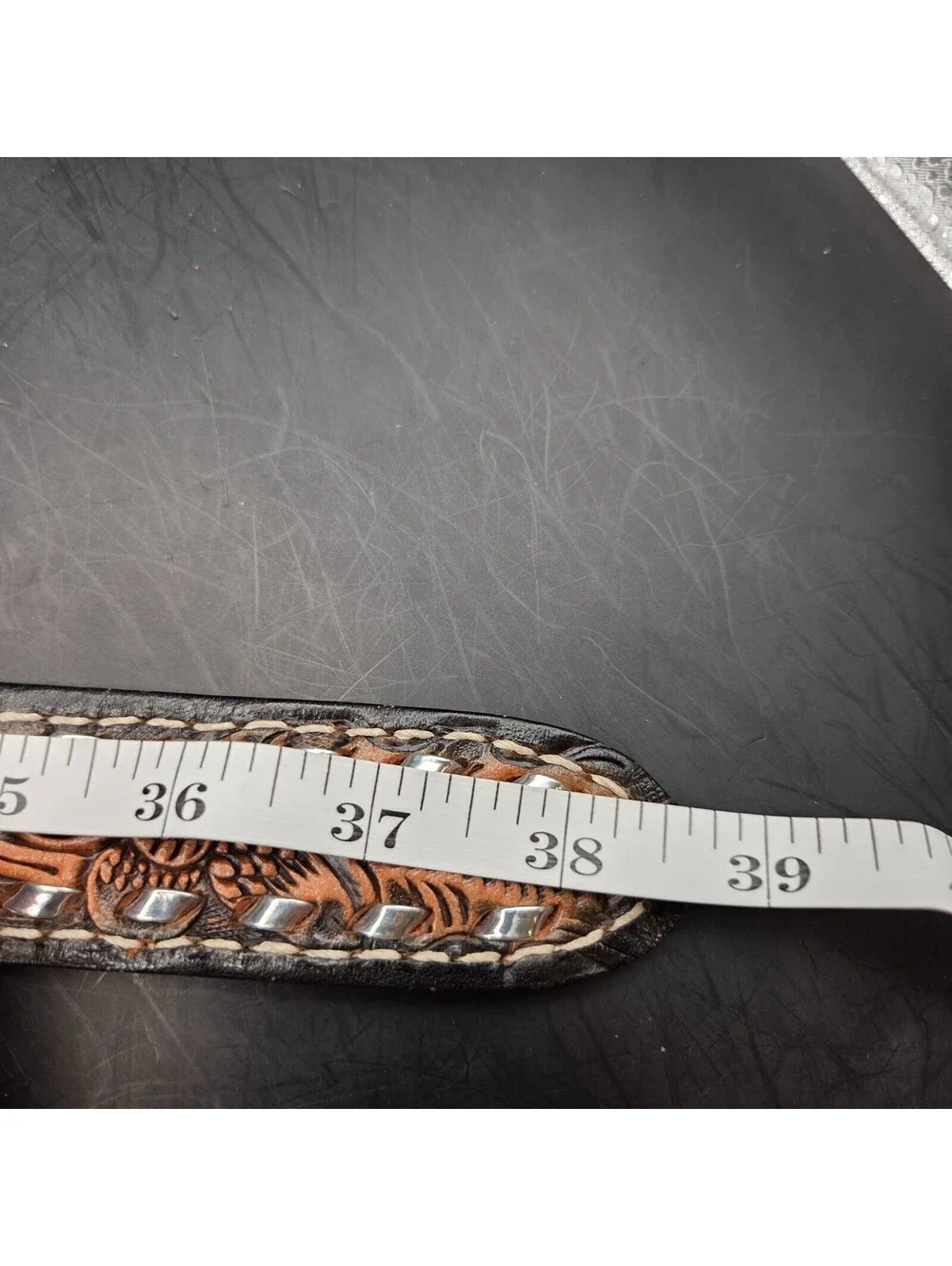 TANDY Western Leather Belt Mens 36 Brown Hand Tooled Floral Silver Studded 1.5in